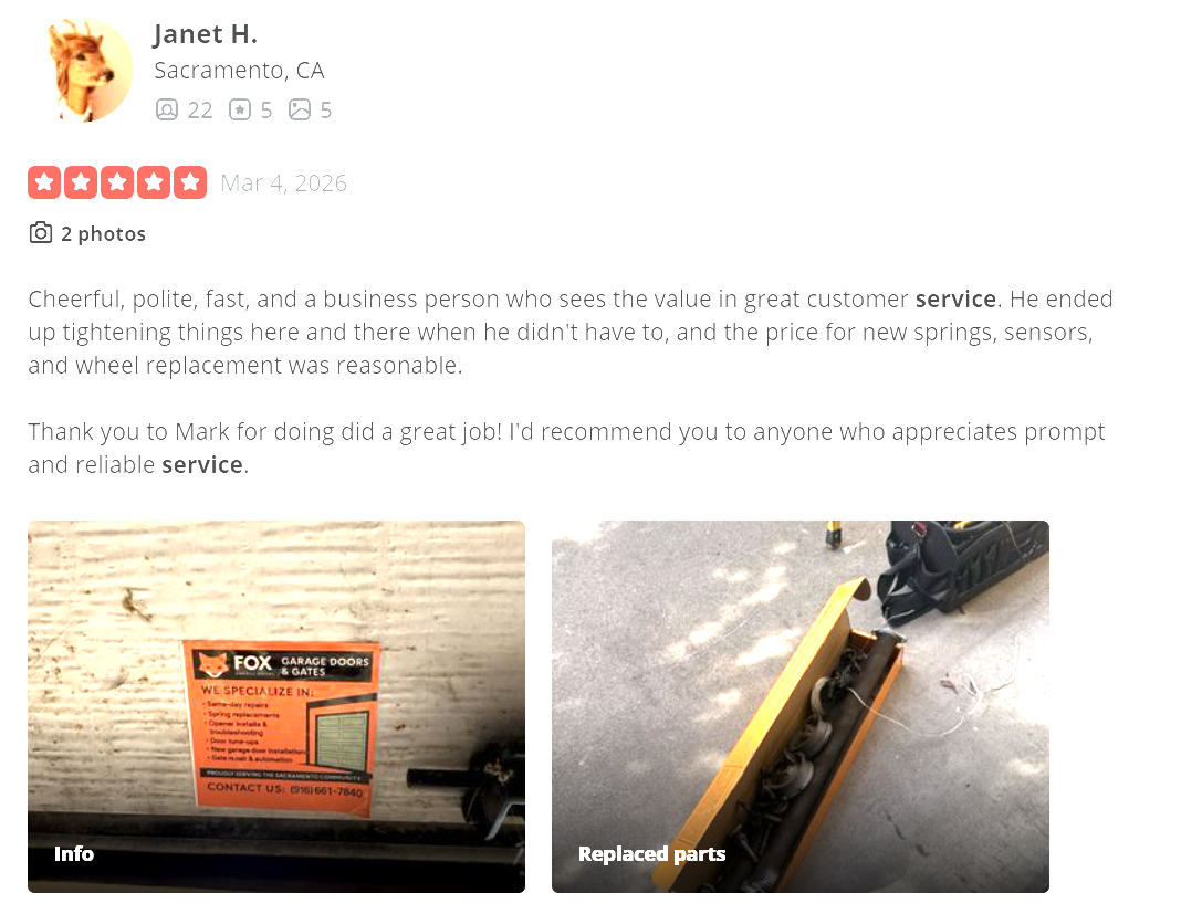 Janet H. 5-star Yelp review with photos of Fox Garage Doors business card and replaced spring parts