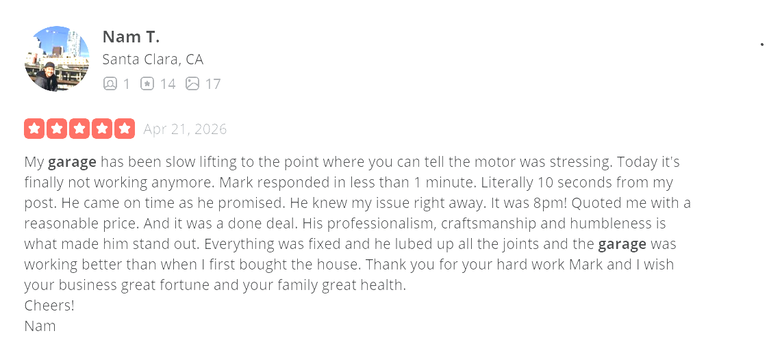 Nam T. 5-star Yelp review about same-day garage motor repair