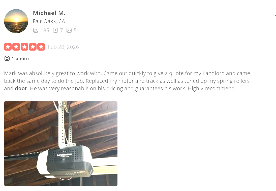 Michael M. 5-star Yelp review with photo of new LiftMaster opener installed