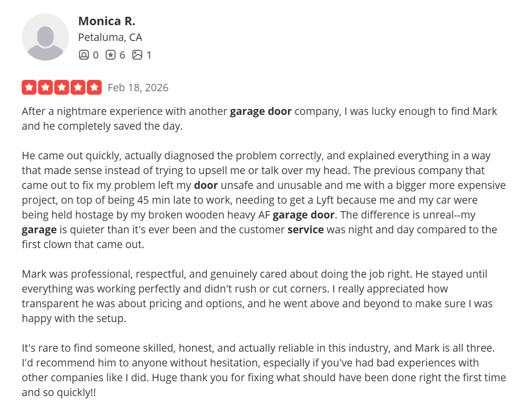 Monica R. 5-star Yelp review about heavy wooden garage door repair
